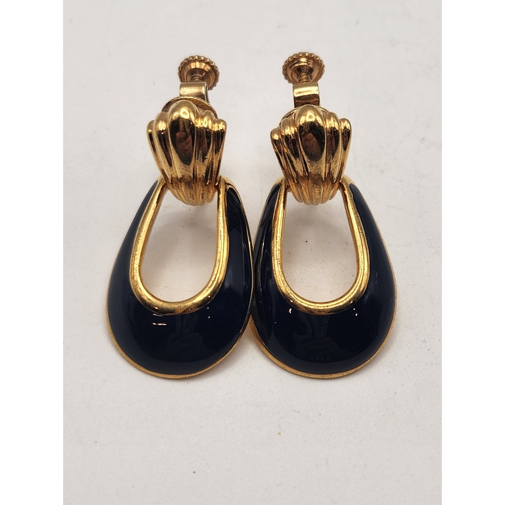 Napier Vintage Navy Blue Enamel Gold Tone Door Knocker Screw Back Earrings